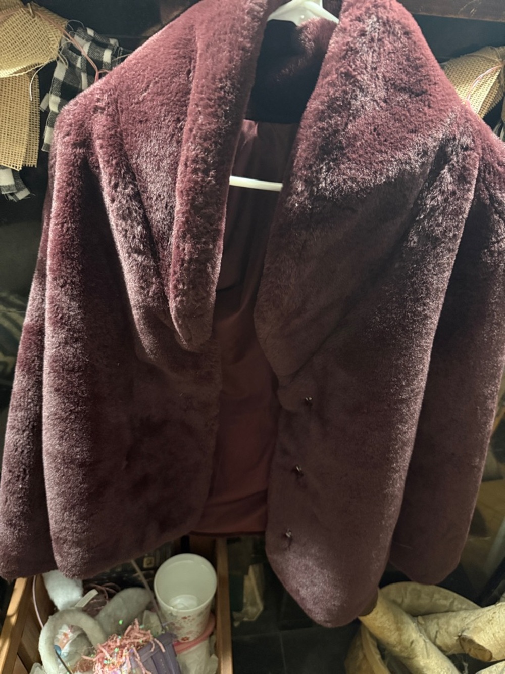 Jessica Simpson Plush Faux Fur Hooded Coat in Deep Burgundy